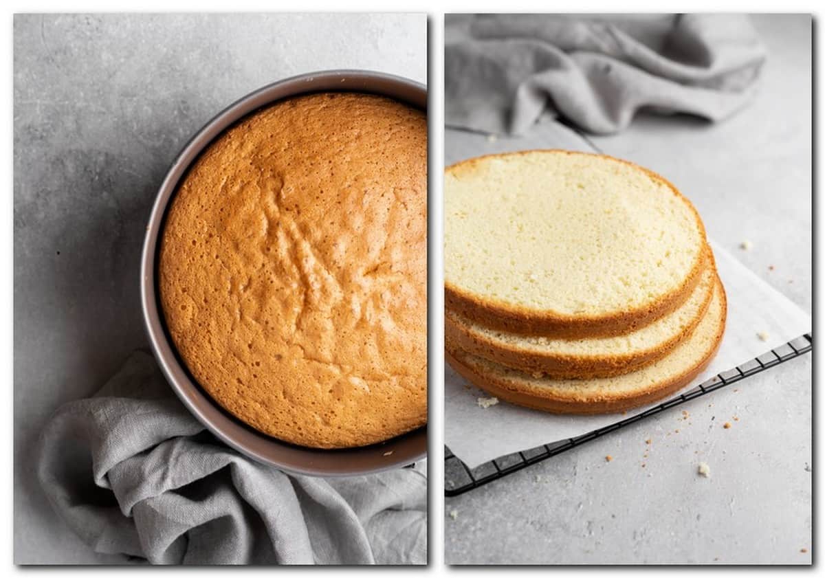 Photo 5: Baked sponge cake in a pan Photo 6: Sliced Genoise cake on baking paper 