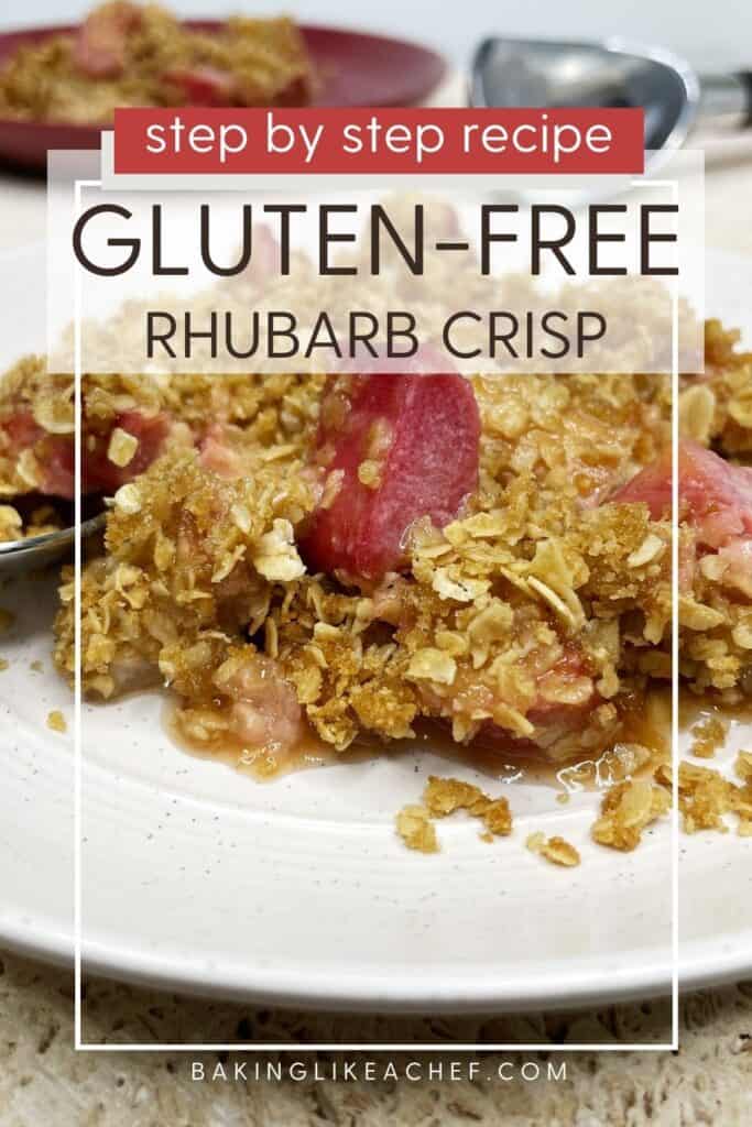 Crunchy and crisp rhubarb served on two plates with an ice cream spoon: Pin with text