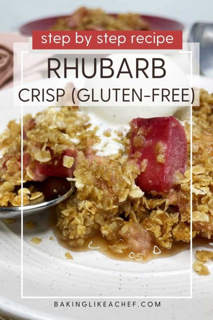Baked rhubarb with oatmeal crisp and ice cream on a white dessert plate: Pin with text.