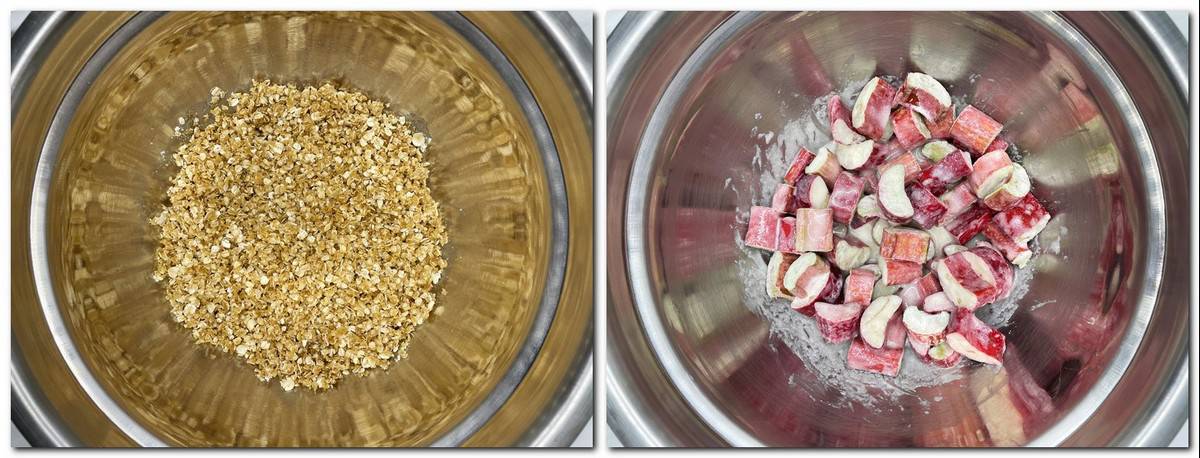 Photo 1: Gluten-free crisp topping in a bowl Photo 2: Rhubarb mixture in a bowl