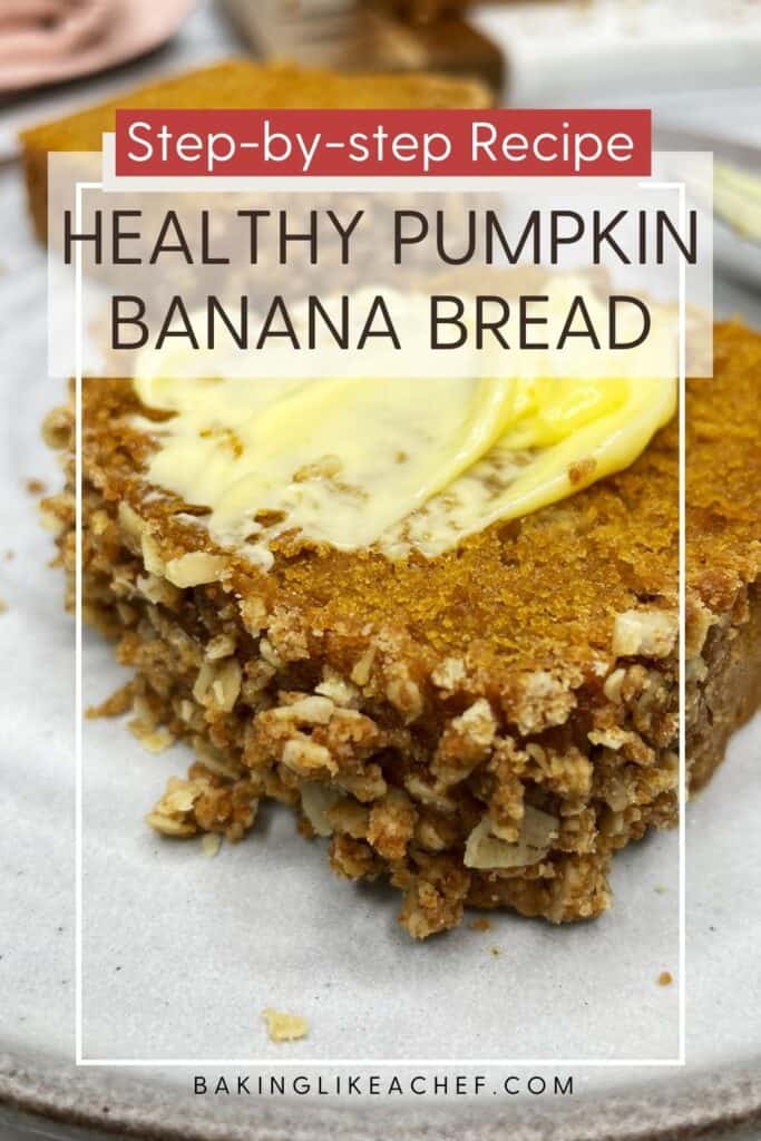 Slices of pumpkin banana bread with butter served on a grey plate: Pin with text.