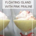 Two martini glasses tied with red ribbon served with Ile Flottante: Pin with text.