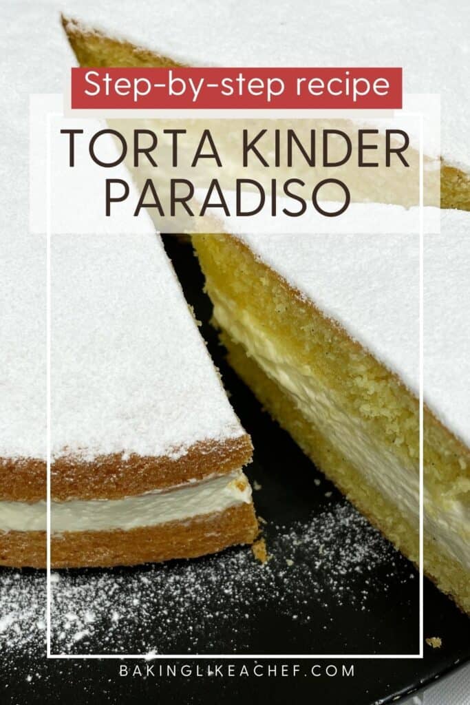 Sliced Torta Kinder Paradiso on a black serving plate: Pin with text