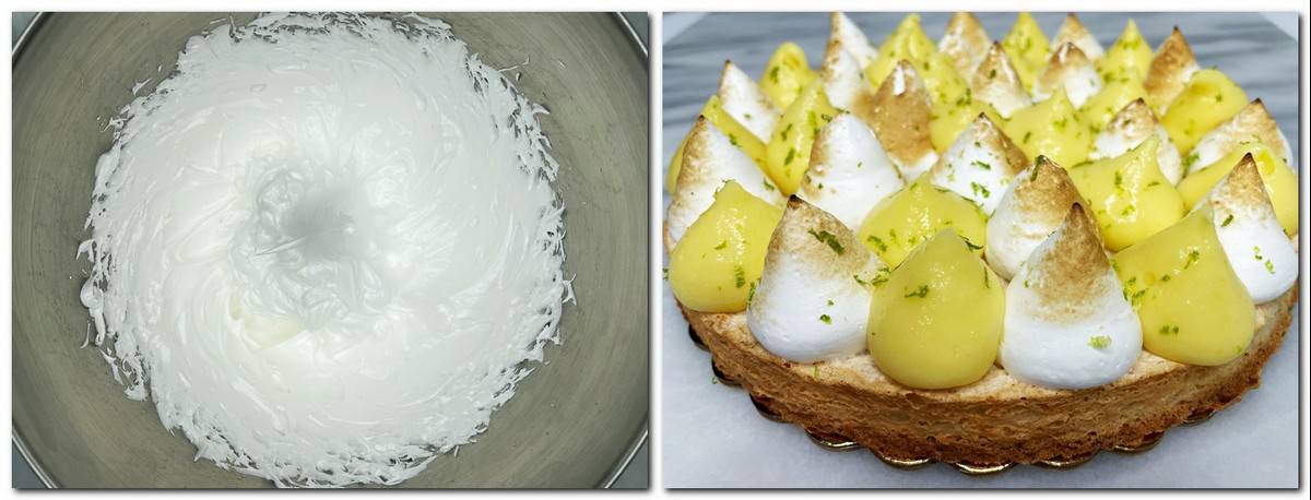 Photo 7: Meringue in a bowl Photo 8: Decorated lemon cream tart on a cake board