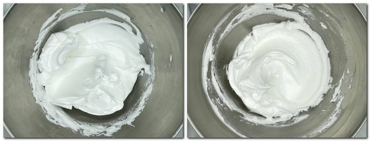 Photo 1: Beaten egg whites in a bowl Photo 2: Ready meringue in a bowl