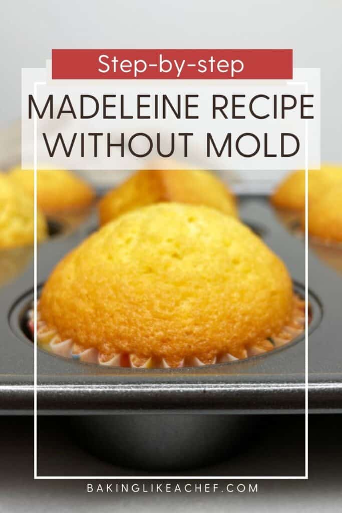 Baked madeleines in a muffin pan: Pin with text