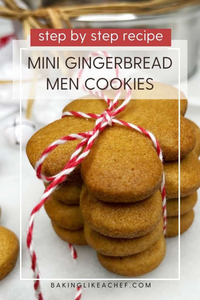 Small gingerbread men cookies tied with a baker's twine: Pin with text