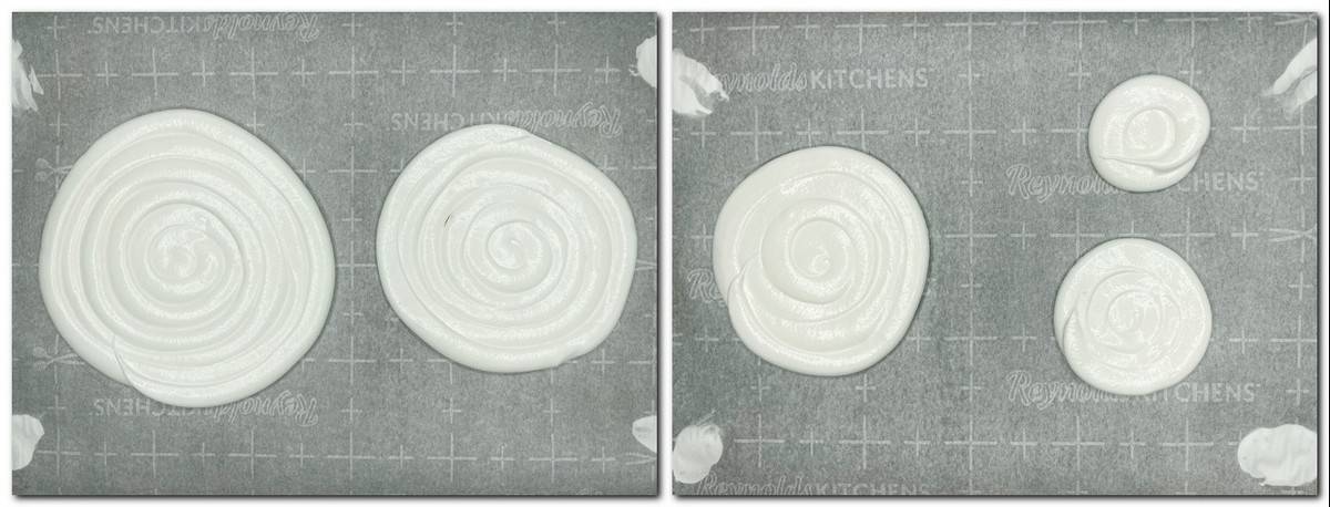Photos 3-4: Meringue disks of different diameter piped on the parchment paper