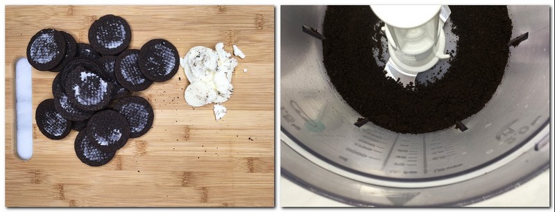  Photo 1: Oreo haves and cream on a board Photo 2: Oreo crumbs in a bowl