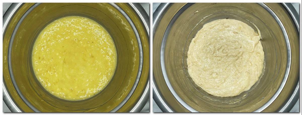 Photo 1: Egg and oil mixture in a bowl Photo 2: Ready batter in a bowl