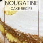 Almond dacquoise cake decorated with buttercream, nougatine and dusted with icing sugar: Pin with text