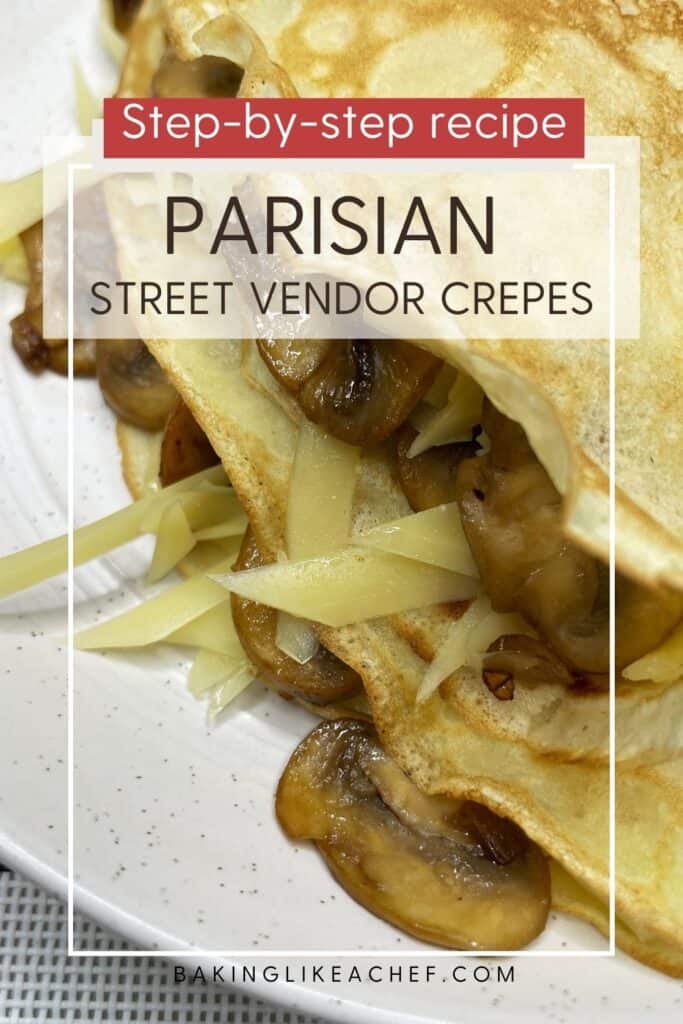Single savory crepe on a plate: Pin with text.