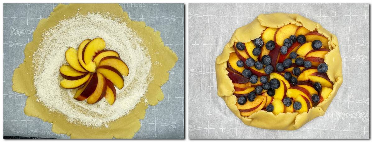 Photo 3: Peaches and blueberries on top of the crust Photo 4: Shaped galette on parchment