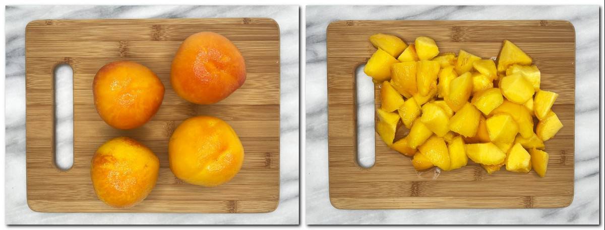 Photo 1: Peeled peaches on a wooden board Photo 2: Peach slices on a board