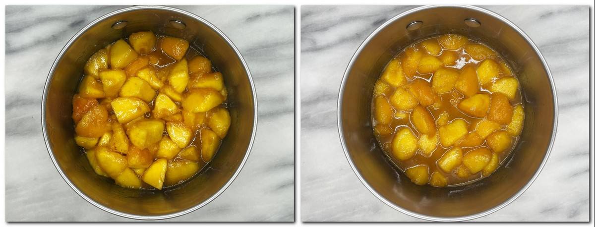 Photo 3: Caramel/peach mixture in a saucepan Photo 4: Peach compote in a saucepan