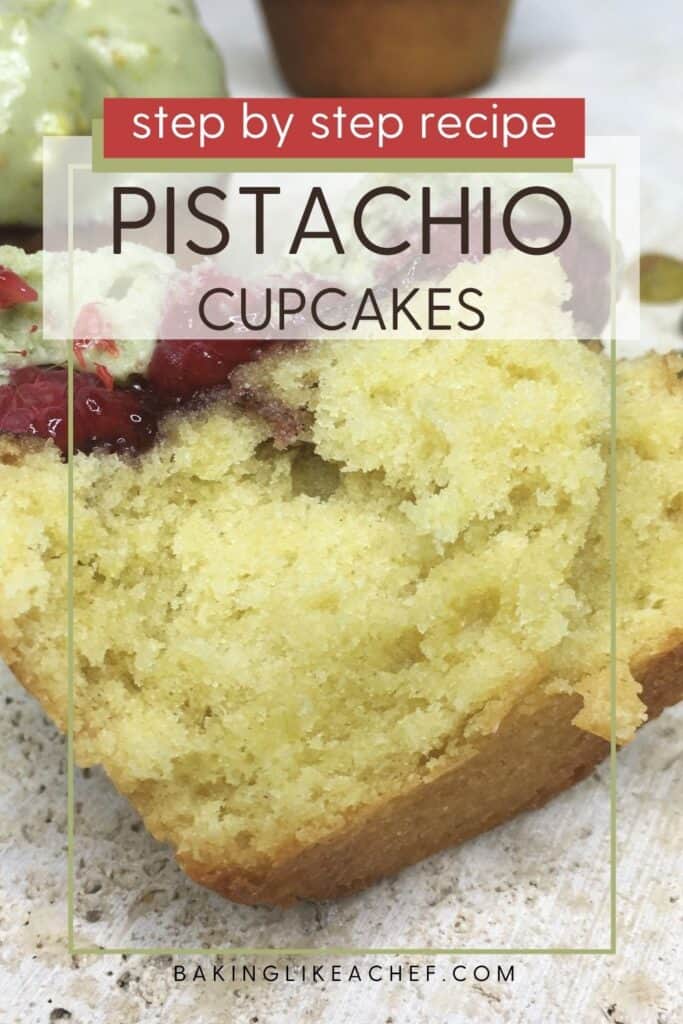 Sliced pistachio cupcakes featured cupcake texture, fresh raspberries, and chocolate glaze: Pin with text