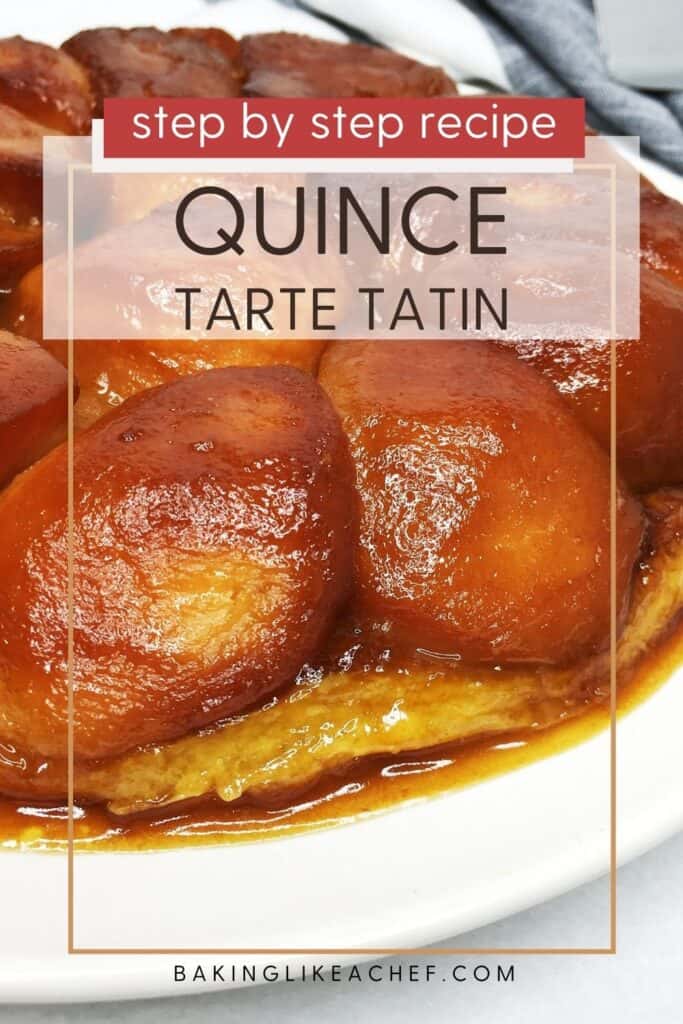 Quince tarte Tatin served on a white plate: Pin with text
