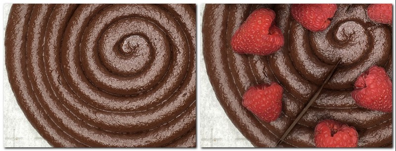 Photo 9: Chocolate spiral on top of the tart Photo 10: Tart with berries and chocolate 