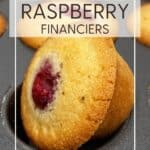 A batch of baked raspberry financiers in a mini muffin mold: Pin with text.