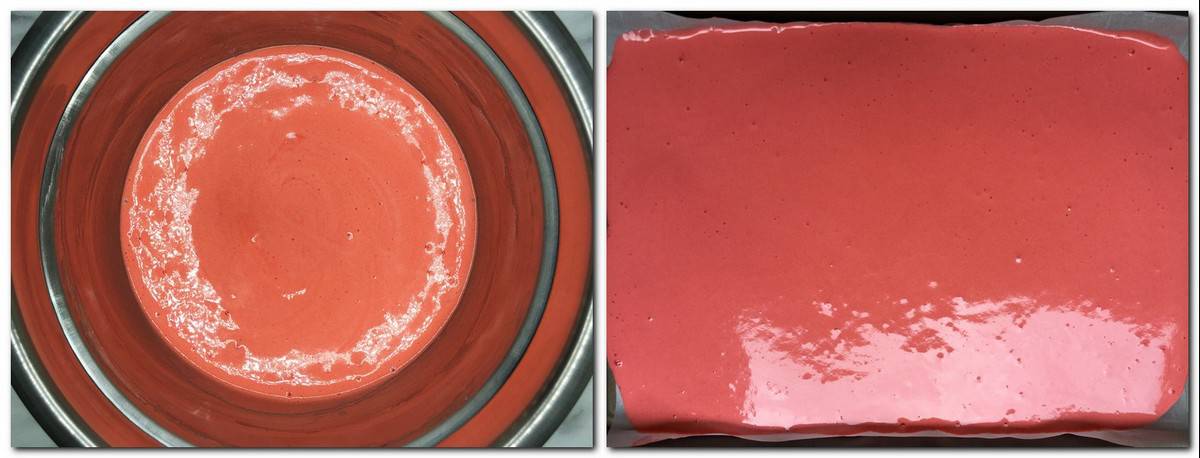 Photo 7: Red-colored biscuit dough in a metal bowl Photo 8: Dough onto the parchment paper