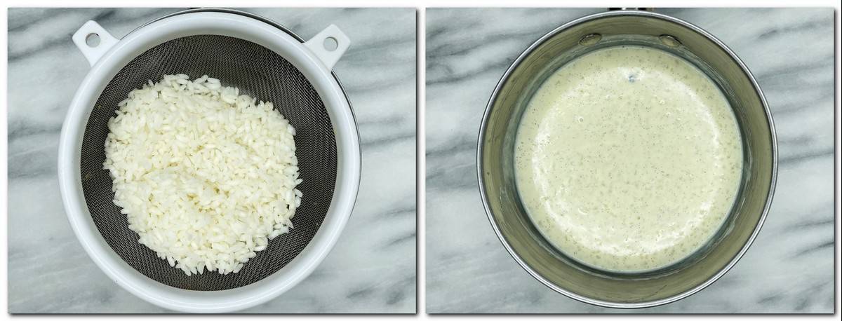 Photo 3: Blanched rice over sieve Photo 4: Cooked rice pudding in a saucepan
