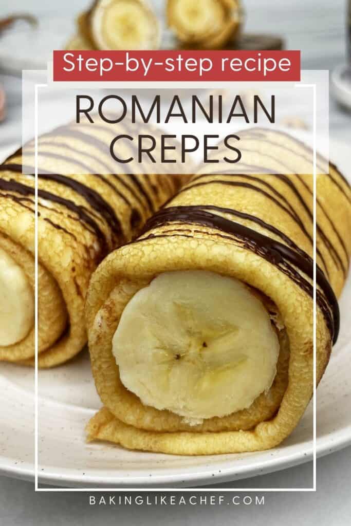 Two rolled Romanian pancakes on a plate: Pin with text.