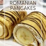 Rolled Clatite on a white dessert plate: Pin with text.