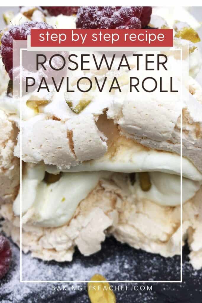 Decorated rosewater meringue roulade on a blackboard with plates in the background: Pin with text