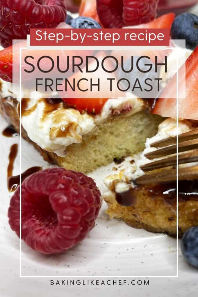 Sliced French toast with sourdough with a fork: Pin with text