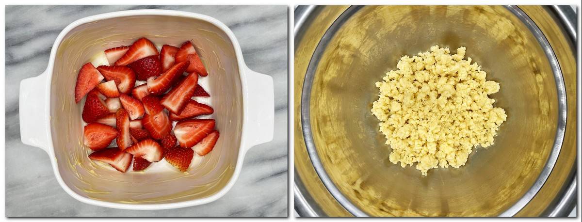 Photo 1: Strawberry pieces in a baking pan Photo 2: Crumble dough in a bowl