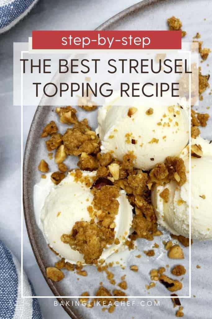 Three dollops of ice cream with streusel on top: Pin with text.