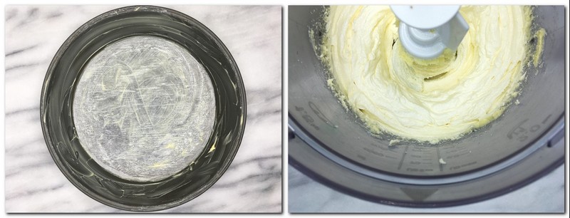 Photo 1: A  prepared cake pan Photo 2: Butter and sugar mixture in a bowl 