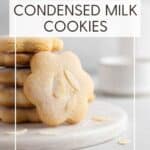 Condensed milk cookies on a marble board: Pin with text.