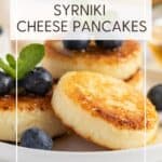 Syrniki served on a white plate and honey: Pin with text.