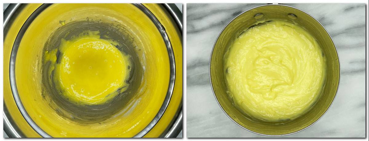 Photo 5: Egg yolks/sugar mixture in a bowl Photo 6: Pastry cream in a saucepan