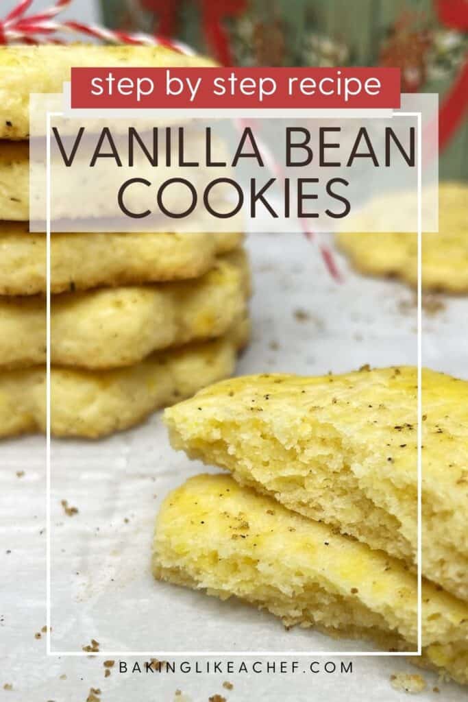 Halved vanilla bean cookie with stacked cookies in the background: Pin with text.