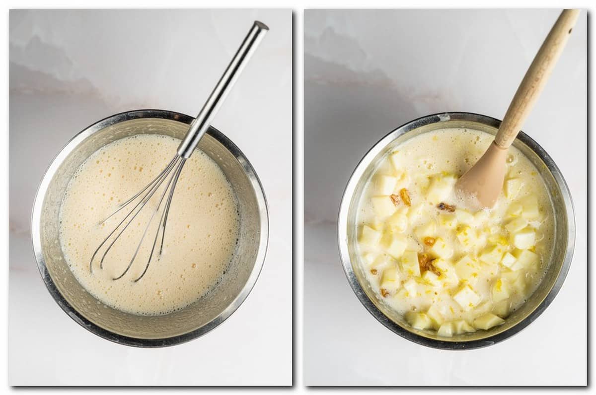 Photo 1: Oil and egg mixture in a bowl Photo 2: Apple mixture in a bowl 