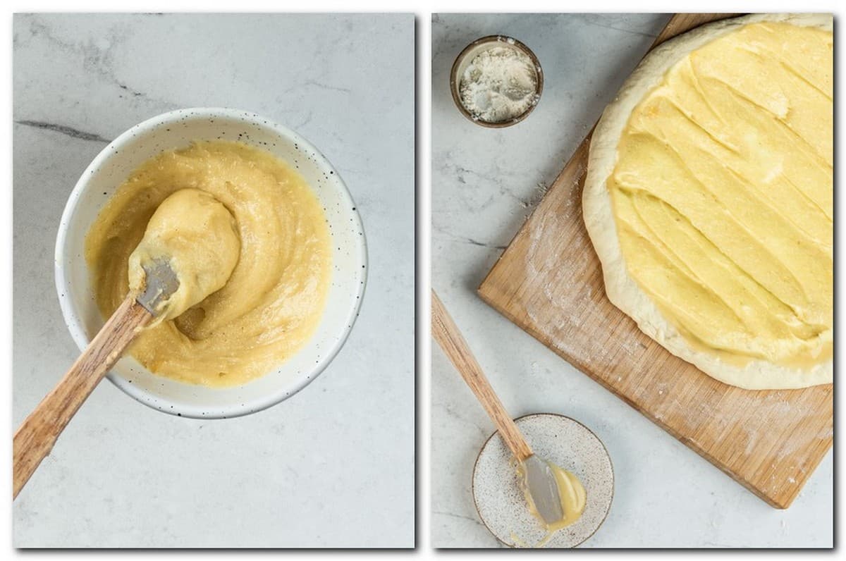 Photo 1: Almond cream in a bowl Photo 2: Pizza dough with cream on top 