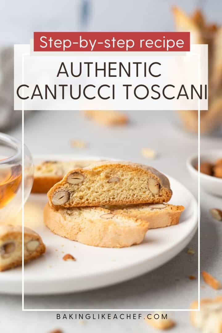 Cantucci Toscani on a plate with nuts and halved cookies: Pin with text.