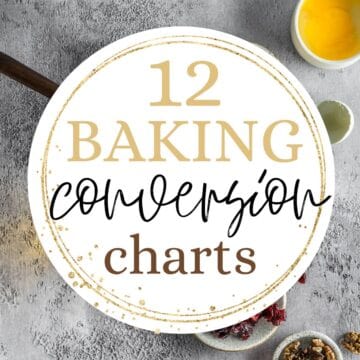 Baking ingredients with text overlay: 12 baking conversion charts.