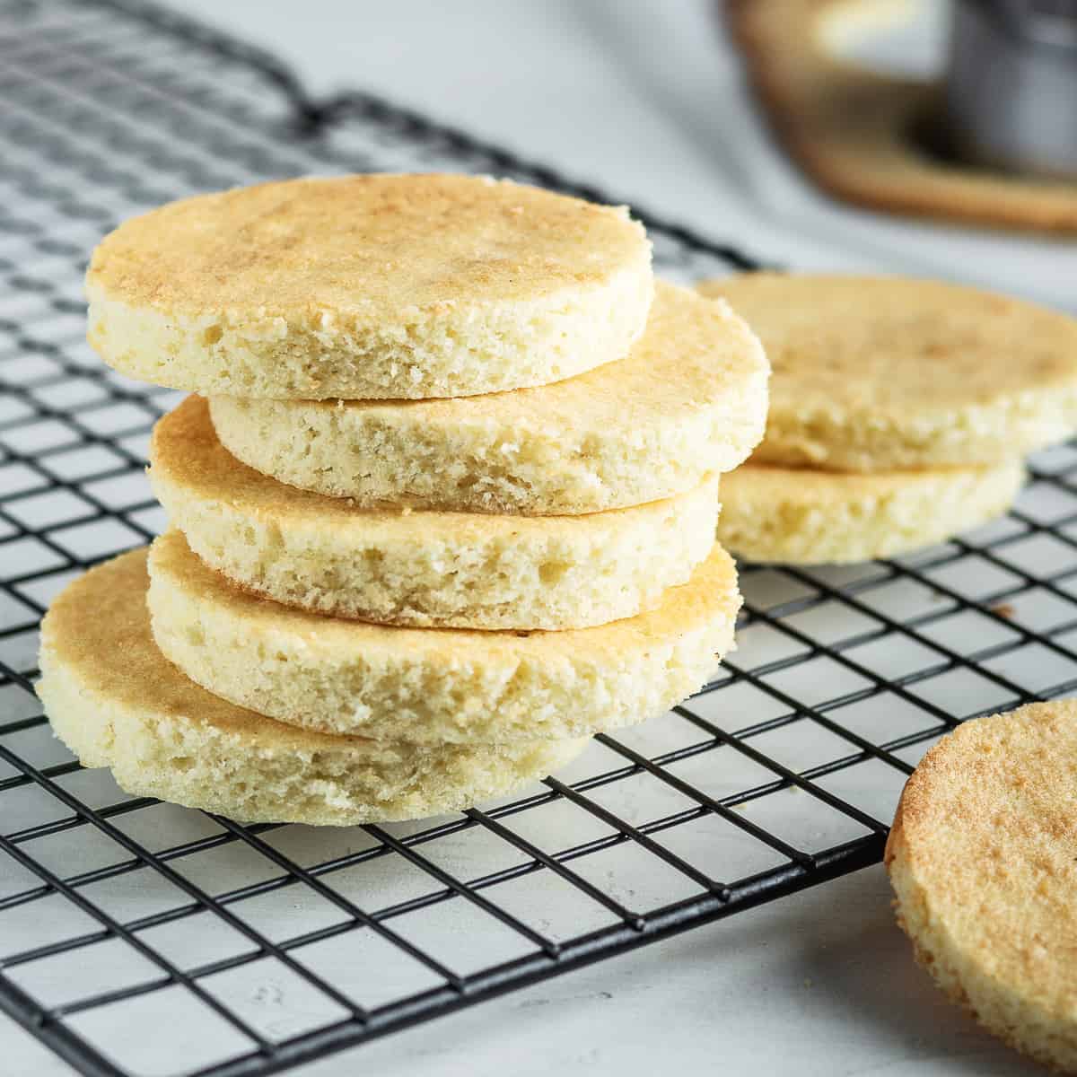 Biscuit Joconde cut into cake circles on a wire rack 