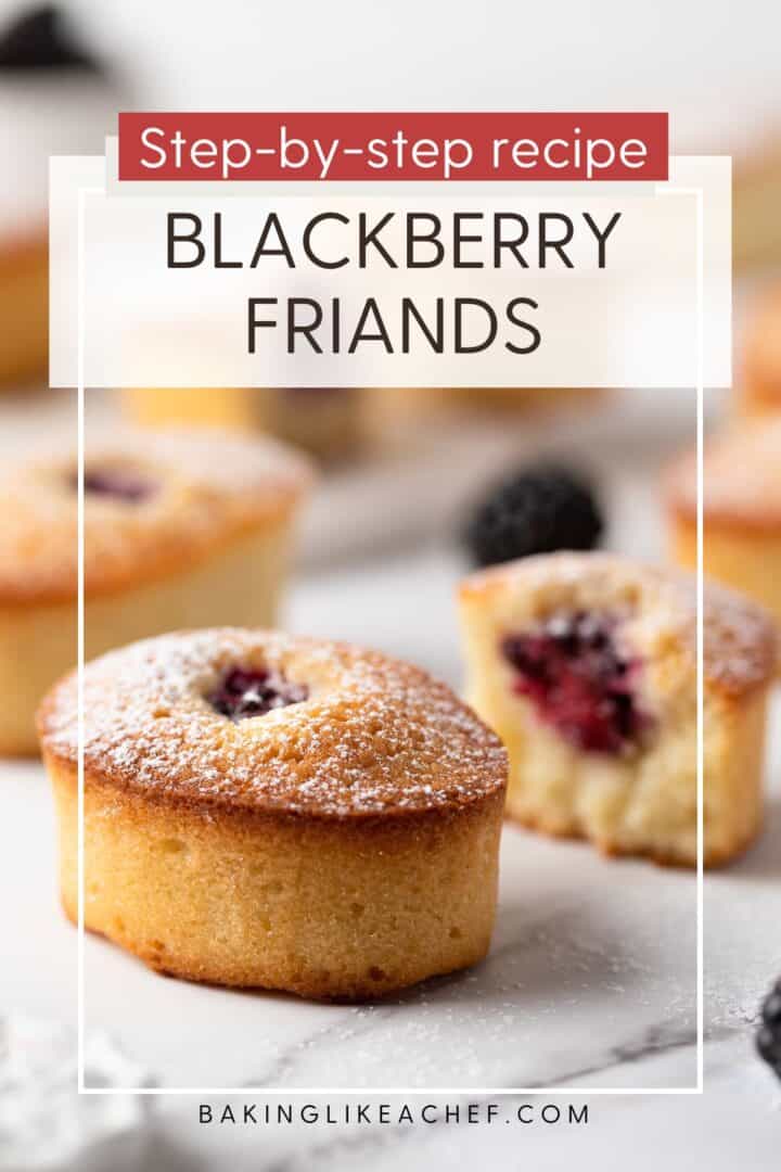 Blackberry friand cakes on a marble board: Pin with text.