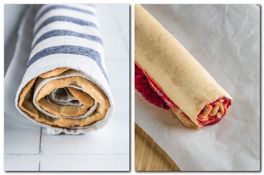 Photo 5: Sponge rolled into parchment and towel Photo 6: Tight cake roll with raspberry filling 