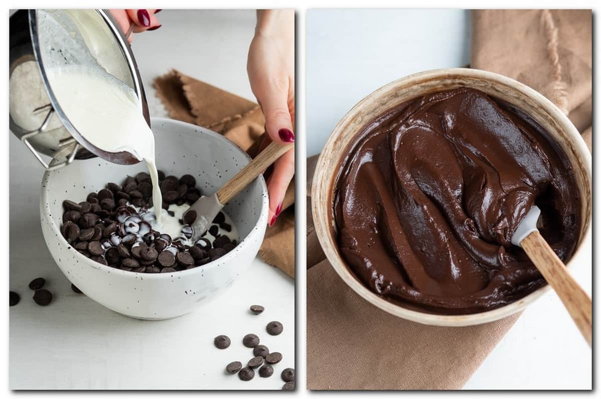 Photo 5: Cream poured over chocolate in a bowl Photo 6: Chocolate ganache in a bowl 