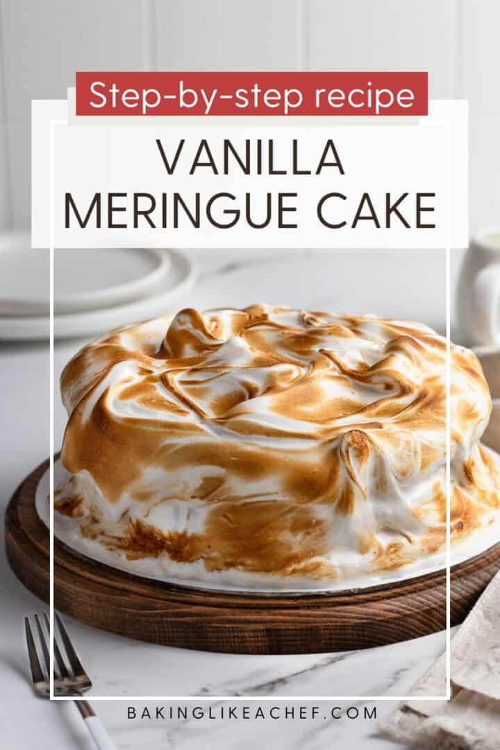 Cipriani vanilla meringue cake on a cake stand: Pin with text.