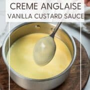 Creme Anglaise on the back of a spoon with cream in a pan: Pin with text.