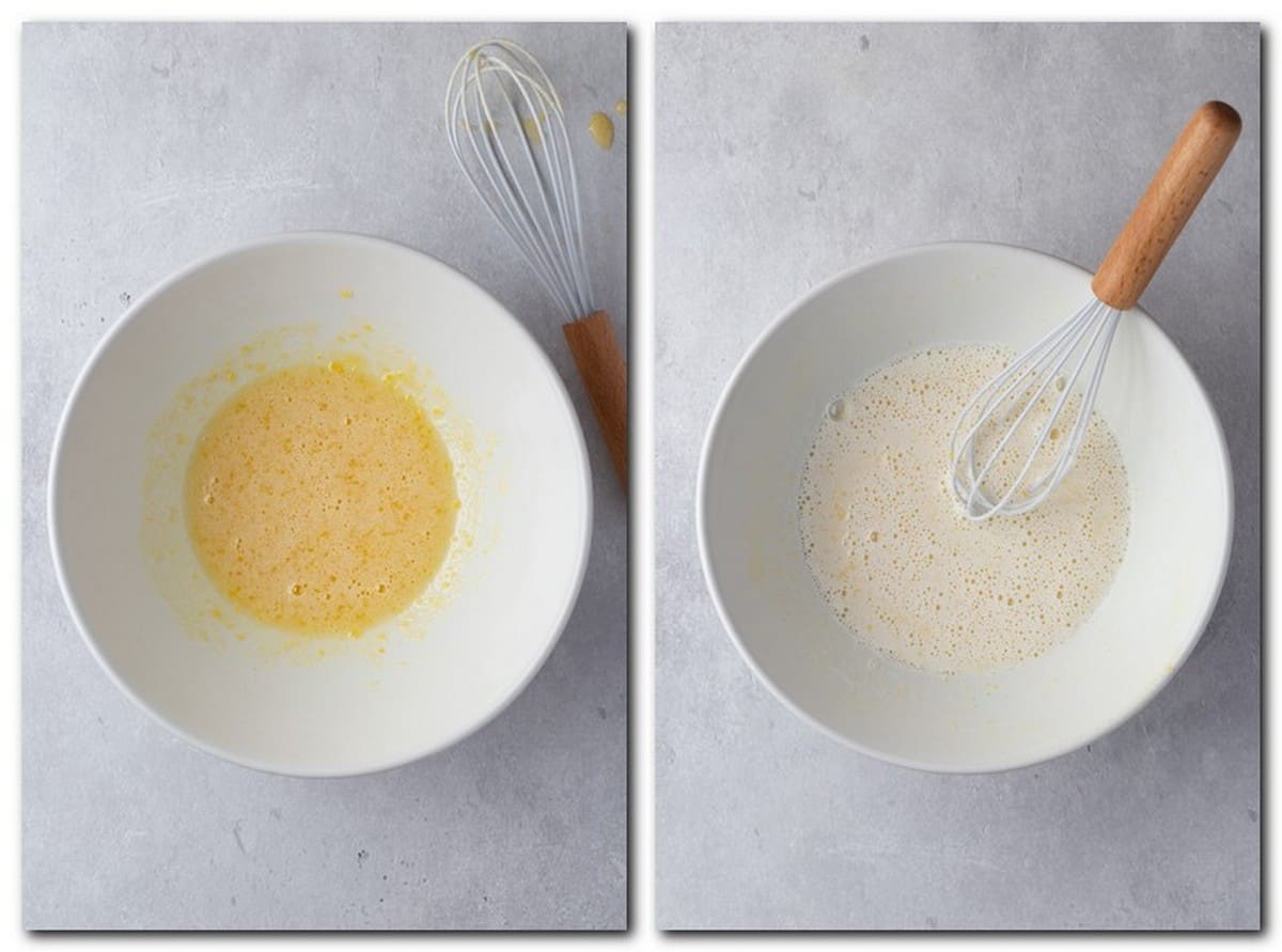 Photo 1: Egg yolks and sugar mixture Photo 2: Egg yolks and milk mixture 