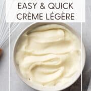 Smooth legere cream in a bowl with a whisk and towel: Pin with text.