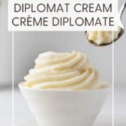 Piped creme Diplomate in a white bowl: Pin with text.