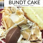 A single slice of Easter bundt cake on a plate: Pin with text.